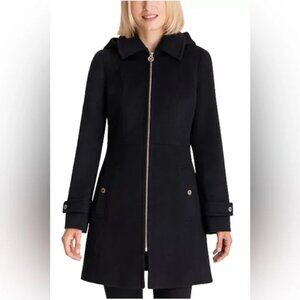 MICHAEL KORS Removable Hood Zip-Front Wool Coat Size Small Black .